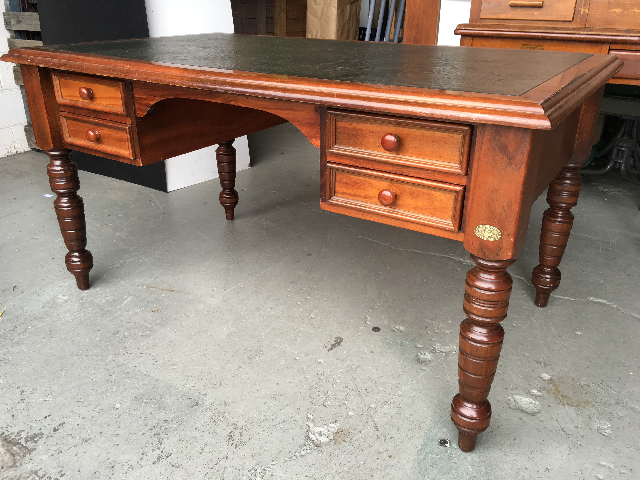 DESK, Timber Turned Legs w Leather Inlay - 147 x 90 x 80cm H